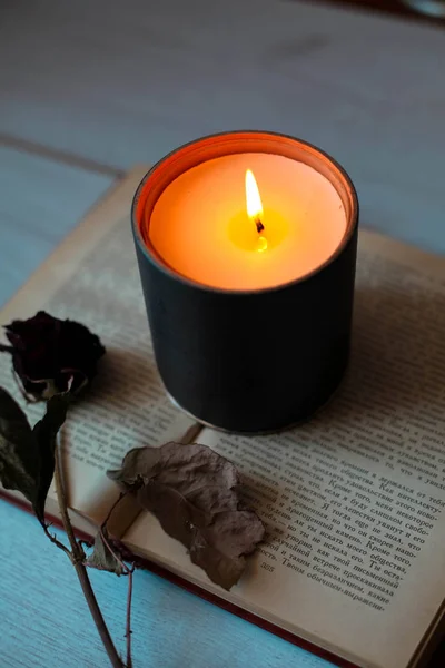 Candle Burns Being Book — Stock Photo, Image