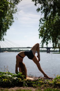 Genç bir kadın doğada yoga pratiği yapıyor. Güzel bir kız kendine sağlıklı bir vücut yapar ve ruhunu güçlendirir. Sakin, sakin, sağlıklı yaşam tarzı konsepti.