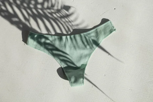 内裤躺在白色的地板上 灿烂的阳光在照耀着 花的硬影子落在了内裤上 一条内裤 图库图片