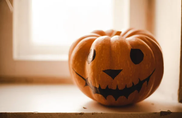 Szezonális Halloween Festett Sütőtök Ablakon Tök Gyönyörű Dekoratív Tökéletes Egy — Stock Fotó