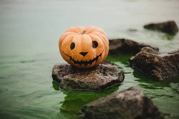 季節のハロウィーンは 湖の背景と石の上にカボチャを描いた カボチャは美しく装飾されており 不気味なイベントに最適です — ストック写真