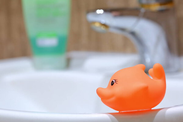 The red fish decorates the bathroom while sitting near the bathroom sink.