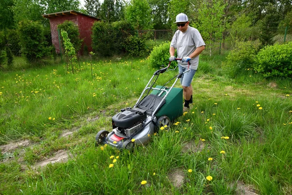 Man Cuts Lawn Combustion Mower Backyard Garden — Stock Photo, Image