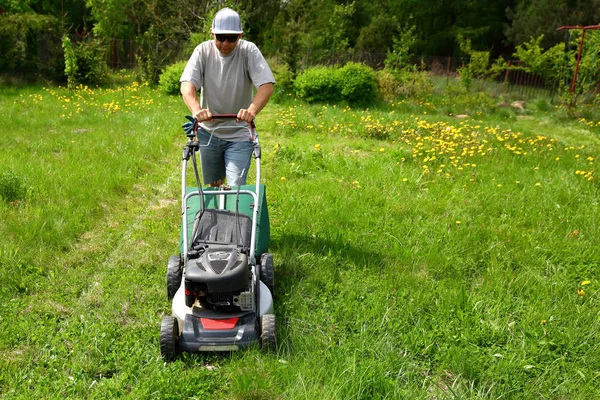 The man cuts the lawn with an combustion mower in the backyard garden.