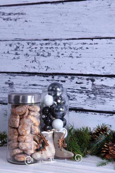 Christmas Vintage Composition Jar Homemade Cookies Decorations Wooden Background — Stock Photo, Image