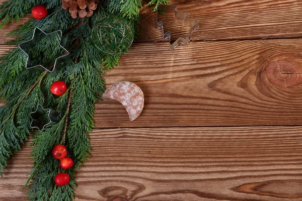 Weihnachten Vintage Komposition Mit Hausgemachten Plätzchen Auf Braunem Holzhintergrund — Stockfoto