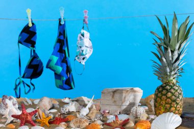 Kadın mayosu ipe asılı. Islak kumlu deniz sahili. Olgun ananas.