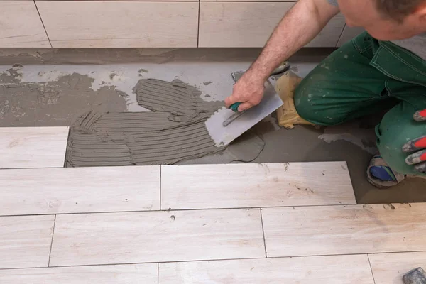 Trabajador Profesional Construcción Que Pone Baldosas Cerámica Suelo Cuarto Baño —  Fotos de Stock