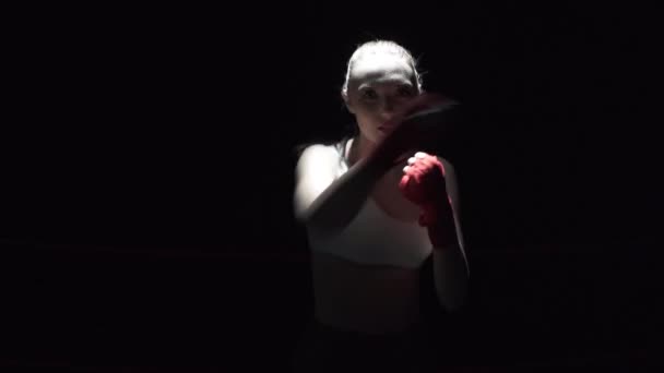 Young Athlete Trains Her Fists Opponent Dark Training Room Martial — Stock Video