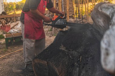 Parlak güneşli bir günde ağacı kesmek için barehand erkek işçi tarafından kullanarak eski testere closeup