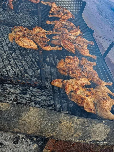 在阿根廷 有各种大小的烤鸡 还有一个低温炭炉 街边食品餐馆 — 图库照片
