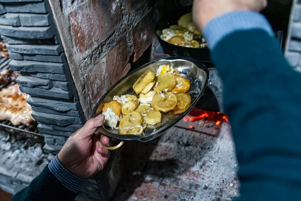 Man Cooking Fried Eggs Potatoes Frying Pan Top View Selective — Stock Photo, Image