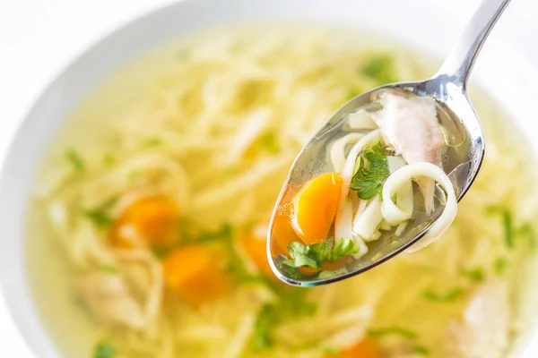 Spoon Full Chicken Beef Soup Noodles Carrot Herbs — Stock Photo, Image