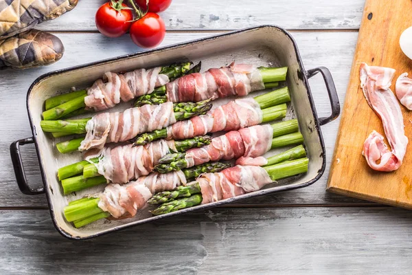 Gustoso Cibo Bacon Avvolto Asparagi Padella — Foto Stock