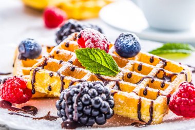 Çikolata şurubu meyveleri şeker tozu ve nane yaprakları ile taze gözleme.