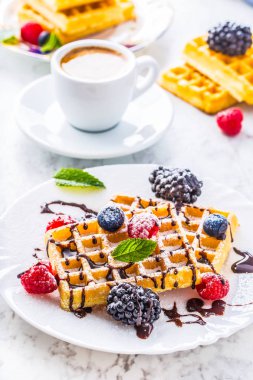 Çikolata şurubu meyveleri şeker tozu ve nane yaprakları ile taze gözleme.