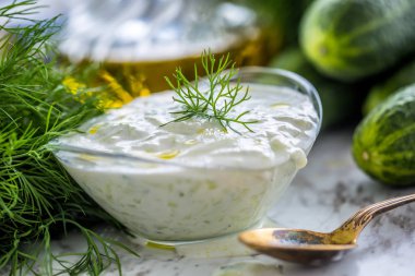 Yunan dip sos veya rendelenmiş salatalık ekşi krema yoğurt zeytinyağı ve taze dereotu ile hazırlanan soyunma cacık.