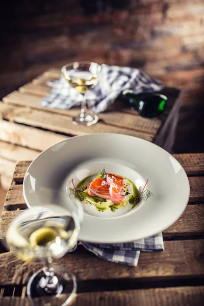 Marinated Salmon Cream Cucumber Dill White Plate Aperitif Culinary Serving — Stock Photo, Image