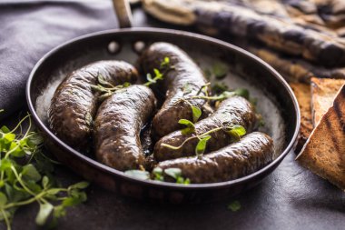 Kızarmış sosis ekmek ve otlar ile tavada. Geleneksel Avrupa gıda sosisleri jaternice veya jitrnice. 