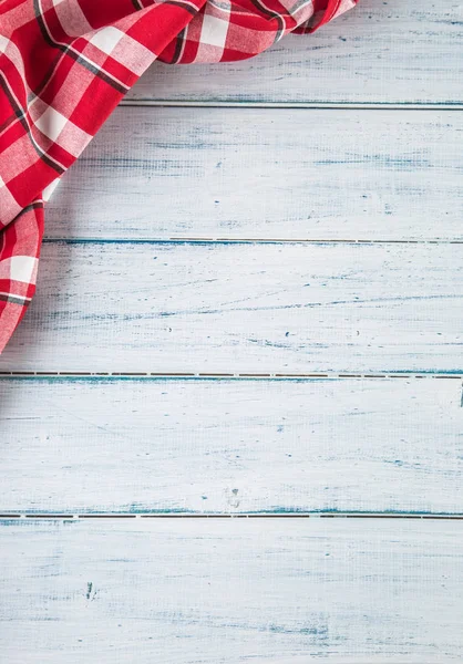 Top View Red Checkered Tablecloth Wooden Table — Stock Photo, Image