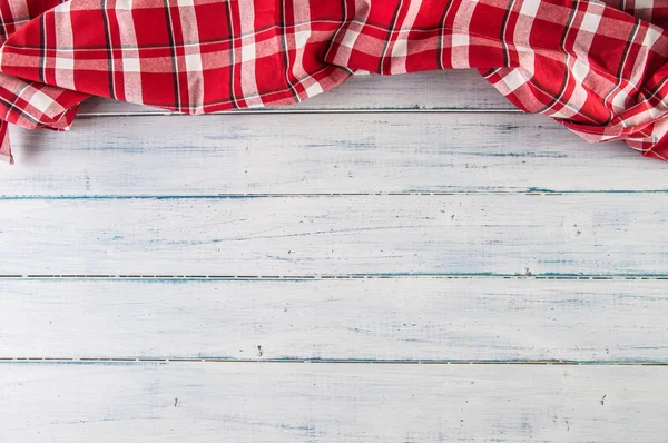 Top View Red Checkered Tablecloth Wooden Table — Stock Photo, Image
