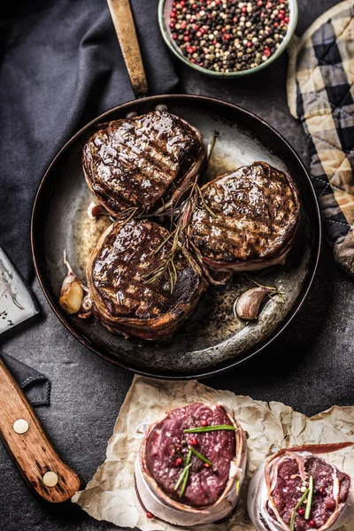 Three Grilled Beef Tenderloin Steaks Coated Bacon Frying Pan — Stock Photo, Image