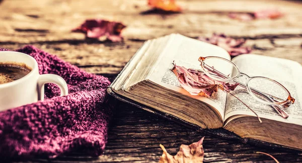 Cup Coffee Old Book Glasses Autumn Leaves Rustic Wooden Table — Stock Photo, Image