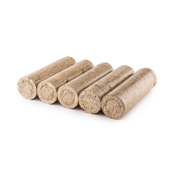 Wooden Pressed Briquettes Biomass White Isolated Background — Stock Photo, Image