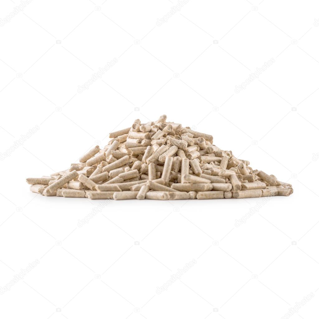 Wooden pressed pellets from biomass on a white isolated background.