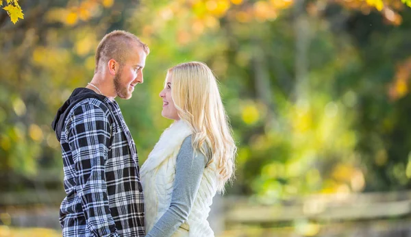 年轻夫妇在爱拥抱和接吻在秋季公园 — 图库照片