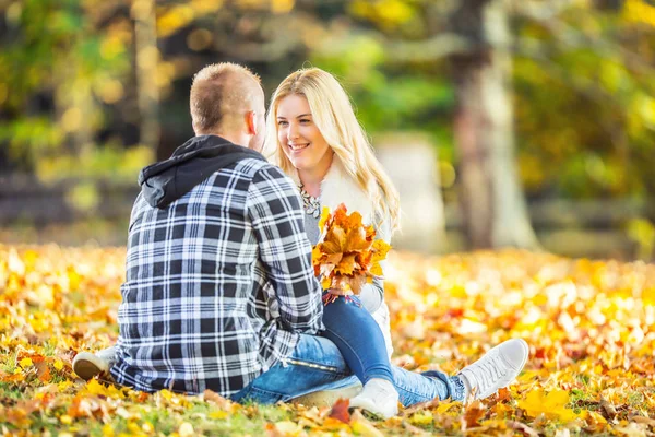 秋天公园里一对相爱的情侣躺在树叶上 — 图库照片