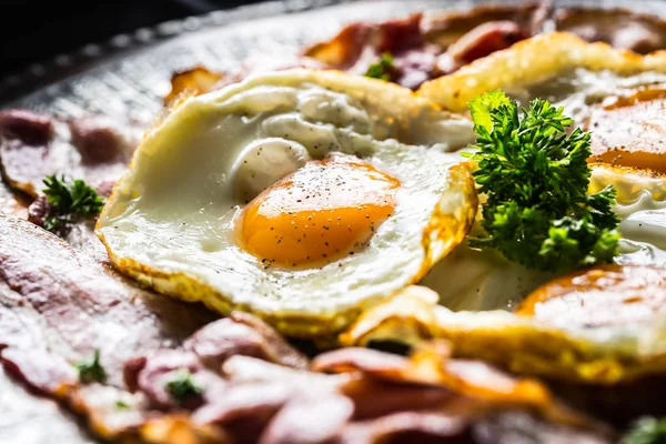 Close Roasted Bacon Egg Herbs Plate — Stock Photo, Image