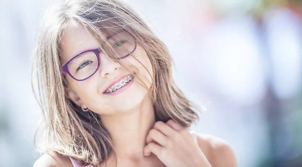 Happy Smiling Girl Dental Braces Glasses Young Cute Caucasian Blond — Stock Photo, Image