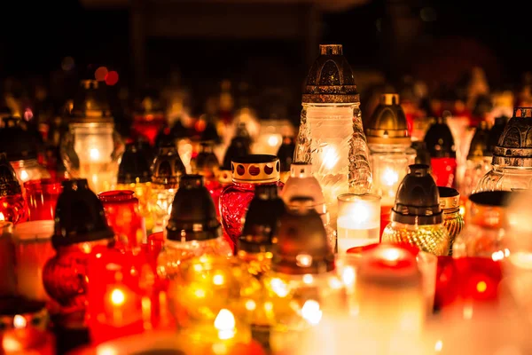 Many Burning Candles Cemetery Night Occasion Souls Deceased — Stock Photo, Image