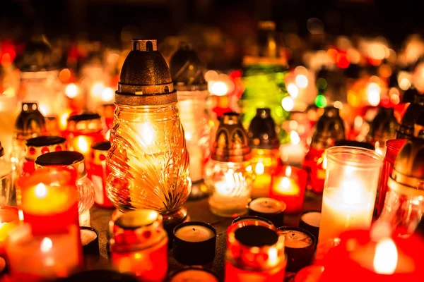 Many Burning Candles Cemetery Night Occasion Souls Deceased — Stock Photo, Image