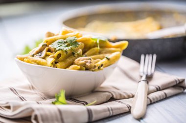 Makarna pene tavuk mantar parmesan peynir sosu ve bitki dekorasyon parçaları. Pene con pollo - İtalyanca veya medierranean mutfağı.