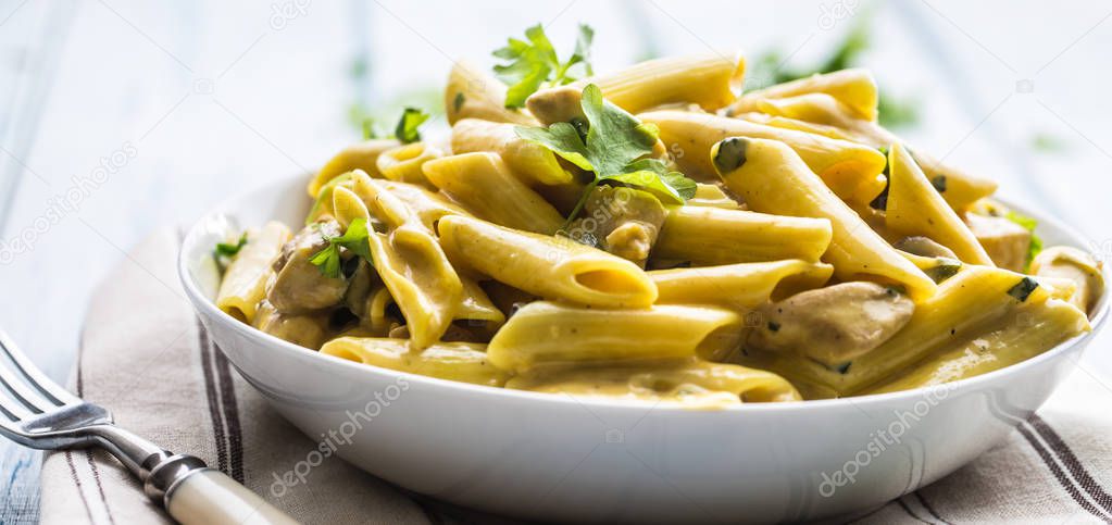 Pasta pene with chicken pieces mushrooms parmesan cheese sauce and herb decoration. Pene con pollo - Italian or medierranean cuisine.