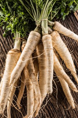 Maydanoz top ahşap tahta üzerinde ile yakın çekim Yaban havucu.