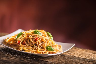 İtalyan makarna spagetti beyaz tabakta domates sosu fesleğen ve parmesan peyniri ile.