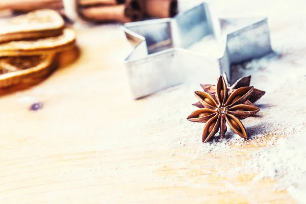 Star Anise Cookie Cutter Cinnamon Flour Baking Board Christmas Baking — Stock Photo, Image