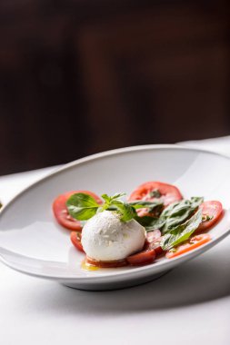 Mozzarella peyniri domates fesleğen zeytinyağı bir baharat üzerinden Caprese salatası.