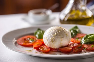 Mozzarella peyniri domates fesleğen zeytinyağı bir baharat üzerinden Caprese salatası.