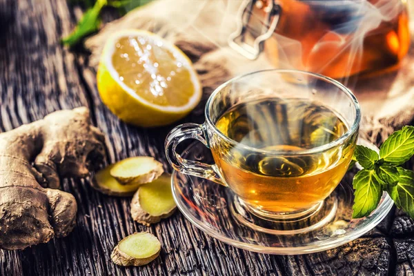 Ginger Tea Honey Lemon Mint Leaves Wooden Table — Stock Photo, Image