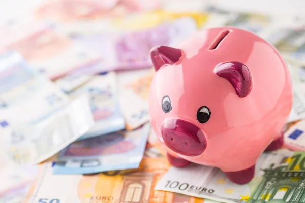 Piggy bank stands on a large quantity of euro banknotes.