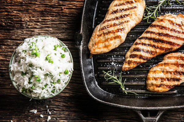 Grilled Chicken Breast Grilled Pan Rice Green Peas — Stock Photo, Image
