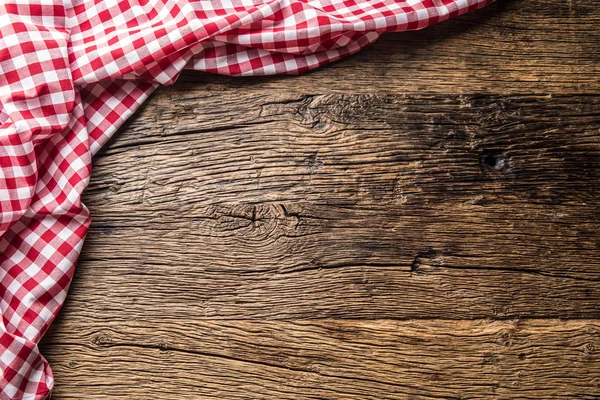 Red Checkered Kitchen Tablecloth Rustic Wooden Table — Stock Photo, Image