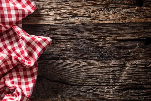 Red Checkered Kitchen Tablecloth Rustic Wooden Table — Stock Photo, Image