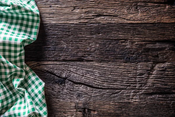 Green Checkered Kitchen Tablecloth Rustic Wooden Table — Stock Photo, Image