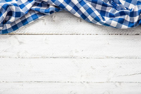 Blue Checkered Kitchen Tablecloth Wooden Table — Stock Photo, Image