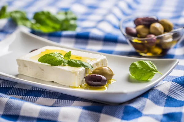 Grekisk ost fetaost med olivolja oliver och basilikablad — Stockfoto
